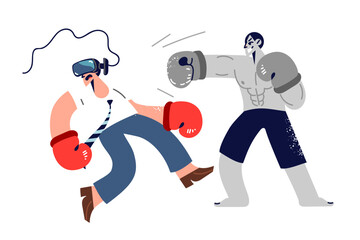 Simulation boxing match using vr helmet that allows you to fight with opponent from virtual reality