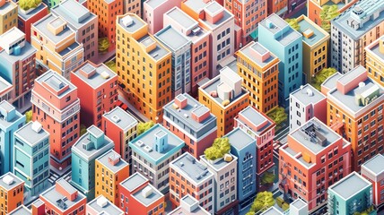 Colorful isometric cityscape with detailed buildings