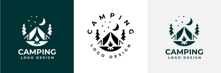 Simple camping logo with tent shape, tree and fire. camping outdoors nature adventure sign or symbol for travel tourism. Vintage summer camping logo.