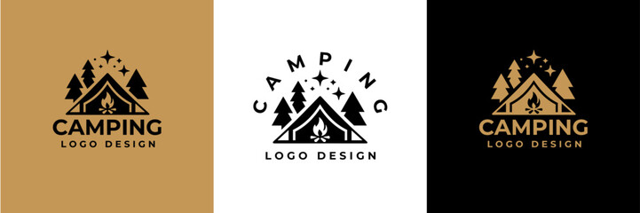 Simple camping logo with tent shape, tree and fire. camping outdoors nature adventure sign or symbol for travel tourism. Vintage summer camping logo.