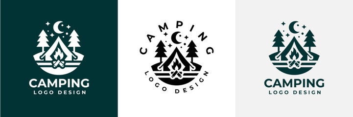 Simple camping logo with tent shape, tree and fire. camping outdoors nature adventure sign or symbol for travel tourism. Vintage summer camping logo.