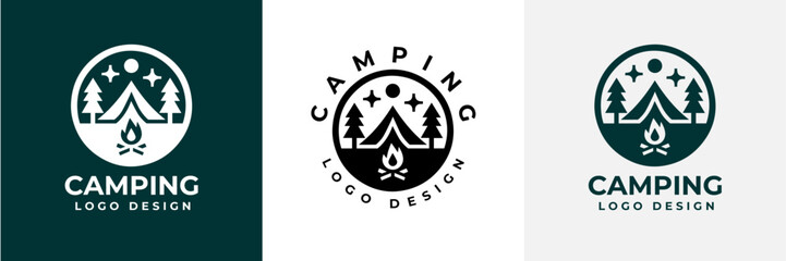Simple camping logo with tent shape, tree and fire. camping outdoors nature adventure sign or symbol for travel tourism. Vintage summer camping logo.