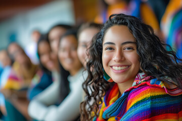 Portrait of LGBTQ WOMAN from various countries smiling in a meeting room, headshots capturing their diverse backgrounds and cultures