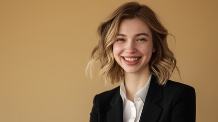 Portrait of a blonde business woman against a neutral earth-toned background