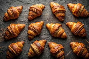 Delicious freshly baked croissants on a dark slate background. French breakfast. Delicious pastries in close-up. Bakery with delicious bread. Confectionery products.
