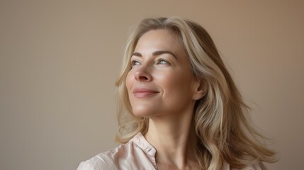 Fototapeta premium Portrait of a confident mature blonde woman against a pastel background