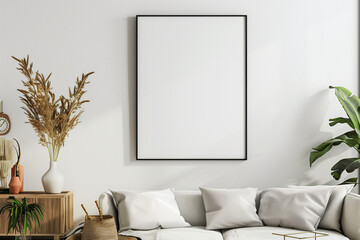 Poster mockup on living room wall.Frame mockup, ISO A paper size. Modern interior design. 3D rendering