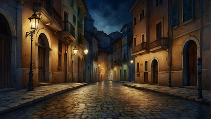 Fototapeta premium An old cobblestone street in a charming European town under the starry night sky evokes a romantic ambiance