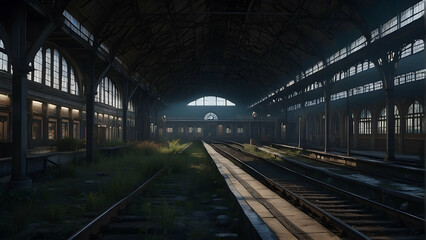 Fototapeta premium A deserted railway station with overgrown vegetation and a ghostly atmosphere, capturing a sense of forgotten history
