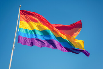 Pride flag waving in the sky, vibrant rainbow colors against a clear blue background, capturing the spirit of freedom and inclusivity, candid and natural moments, wind-blown fabric