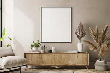 Poster mockup on living room wall.Frame mockup, ISO A paper size. Modern interior design. 3D rendering