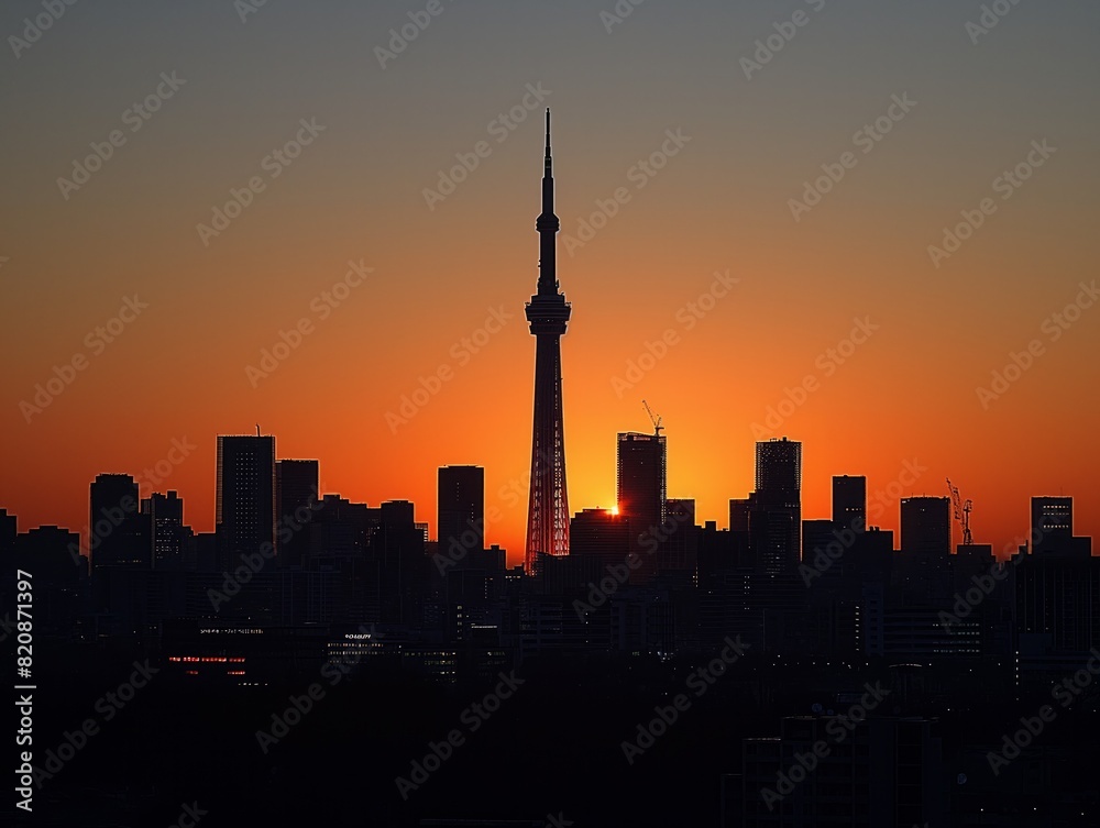 Wall mural A city skyline with a tall tower in the background. The sun is setting, casting a warm glow over the city - Wall murals