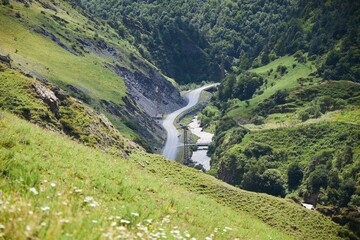 View of the Armhi River valley and the road. Caucasus Mountains, Republic of Ingushetia