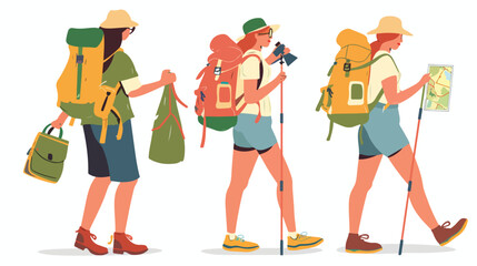 Hikers tourists travel with backpacks. Women backpack