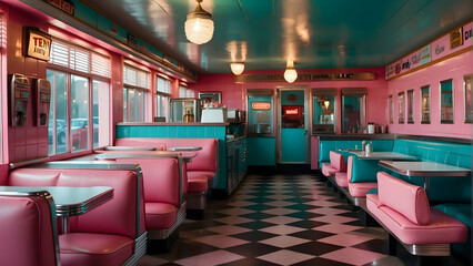 Interior of a vintage diner with pink and blue booths and checkerboard floor for a nostalgic feel