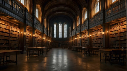 Fototapeta premium A grand library interior bathed in warm lighting, highlighting the expanse of books and the quiet ambiance of learning