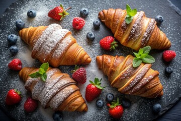 Delicious freshly baked croissants and berries on a dark slate background. French breakfast....