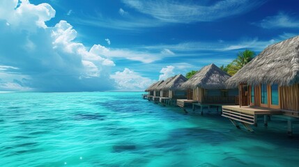 Tropical bungalows overwater and coral reef. Pacific ocean, Oceania