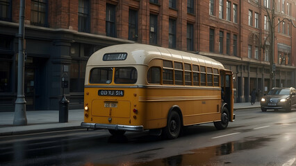 Fototapeta premium A classic yellow bus parked on an urban road during what seems to be early morning light