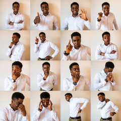 Collage of young businessman portraits with variety of facial expressions.