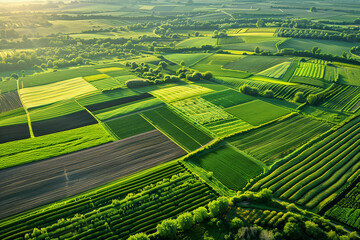 A green field with rows of crops and trees. The field is lush and vibrant, with a sense of abundance and growth. The trees provide a sense of depth and contrast to the rows of crops
