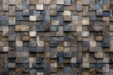Textured, Natural Stone Mosaic Tiles arranged in the shape of a wall. Semigloss, 3D, Blocks stacked to create a Rectangular block background. 3D Render AI