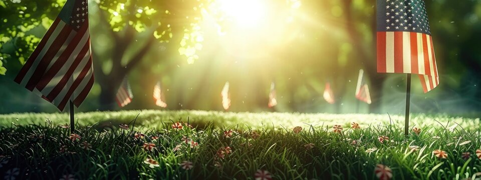Fallen soldier funeral graves Graveyard in american flags with stars veterans day concept