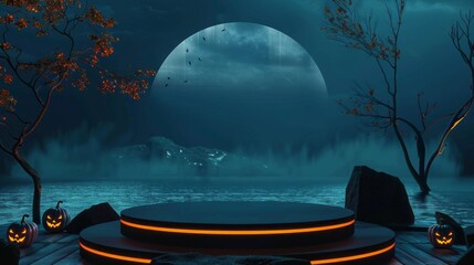 Naklejka premium empty podium with ocean background. smokey. hallowen accessories
