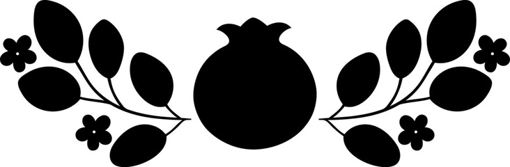 Blossom branches and pomegranat floral composition silhouette.Black Isolated vector. Use on any background