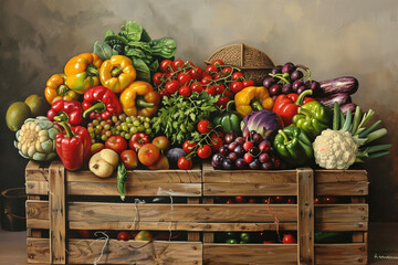 A painting of a basket of fruits and vegetables. The painting is full of bright colors and has a cheerful, lively mood. The basket is overflowing with a variety of produce, including apples, grapes