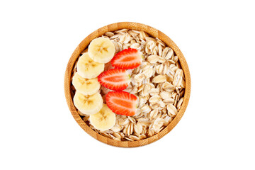 organic oat flakes in bowl with strawberry and sliced banana isolated on white background