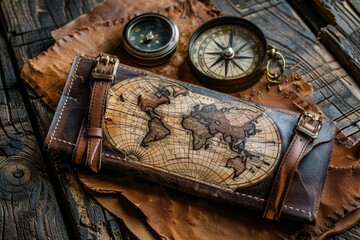 Compass on an old leather map, surrounded by artifacts, symbolizing the concept of historical exploration