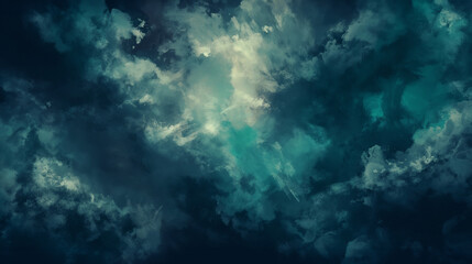 Obraz na płótnie Canvas Background of Renaissance Dark Stormy Clouds: Brooding Cyan Teal Turquoise Nightfall Chiaroscuro