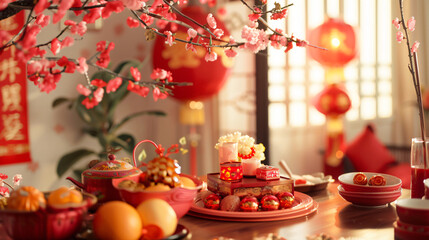 Table with beautiful decorations for Chinese New Year