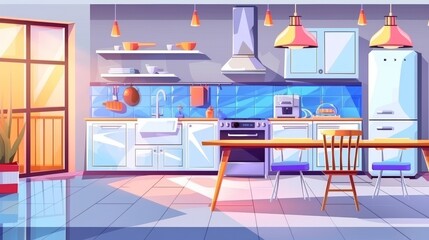 Design cartoon web banner featuring a home or cafe kitchen, modern furniture, range hood, oven, dining table near large window, and design service.