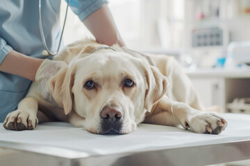 The hands of a veterinarian examine a dog lying on a table in a clinic. The concept of development of veterinary clinics, treatment and health care of animals.
