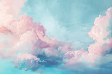 Soft, dreamy pastel clouds of cotton candy pink and baby blue float gracefully on a canvas painted with gentle, sweeping strokes.