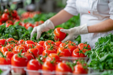 A person wearing gloves is picking up a tomato from a tray. The tomatoes are red and are in a greenhouse