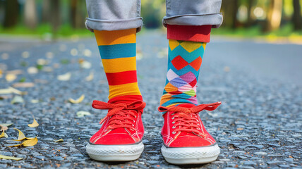 Kid legs with different pair of socks and red sneakers standing in the street outdoors. Child foots in mismatched socks. Odd Socks day, Anti-Bullying Week, Down syndrome awareness concept