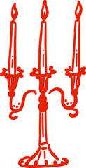 Three candles in a candelabrum. Vintage candlestick. Isolated illustration in red color. A holiday decoration in a whimsical hand-drawn style. Suitable for wedding invitations, posters