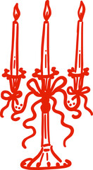 Three candles in a candelabrum with bows. Vintage candlestick. Isolated illustration in red color. A holiday decoration in a whimsical hand-drawn style. Suitable for wedding invitations, posters