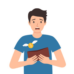 Poor broke man holding empty wallet. Sad guy has no money. Financial problem, crisis, unemployment, poverty, bankruptcy flat vector character.