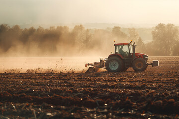 Fototapeta premium A tractor is driving through a field of dirt. The sky is cloudy and the sun is not visible