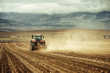 Naklejka premium A tractor is driving through a field of dirt. The sky is cloudy and the sun is not visible