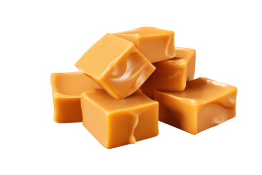A Sweet Symphony: A Pile of Glistening Caramel Cubes on Transparent PNG Background...