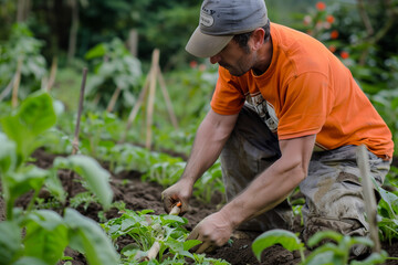 A man is working in a garden, pulling weeds and tending to the plants. Concept of hard work and dedication to maintaining a healthy garden