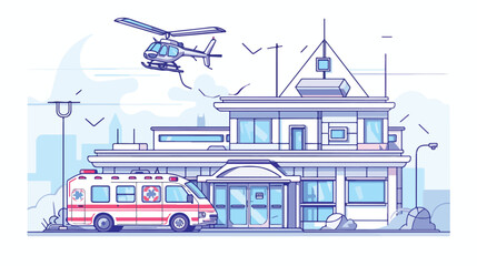 Hospital clinic or medical center building with helicopter