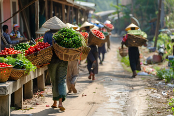 A group of women carrying baskets of vegetables down a dirt road. Scene is peaceful and serene, as the women are working together to transport their goods - Powered by Adobe