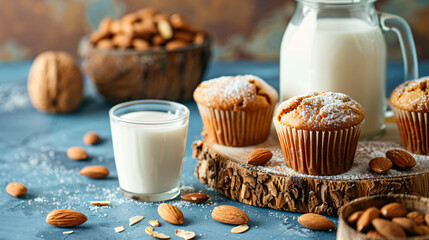 Tasty almond muffins with milk on color table