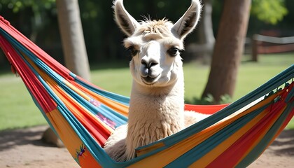 Obraz premium A Llama In A Hammock Relaxing
